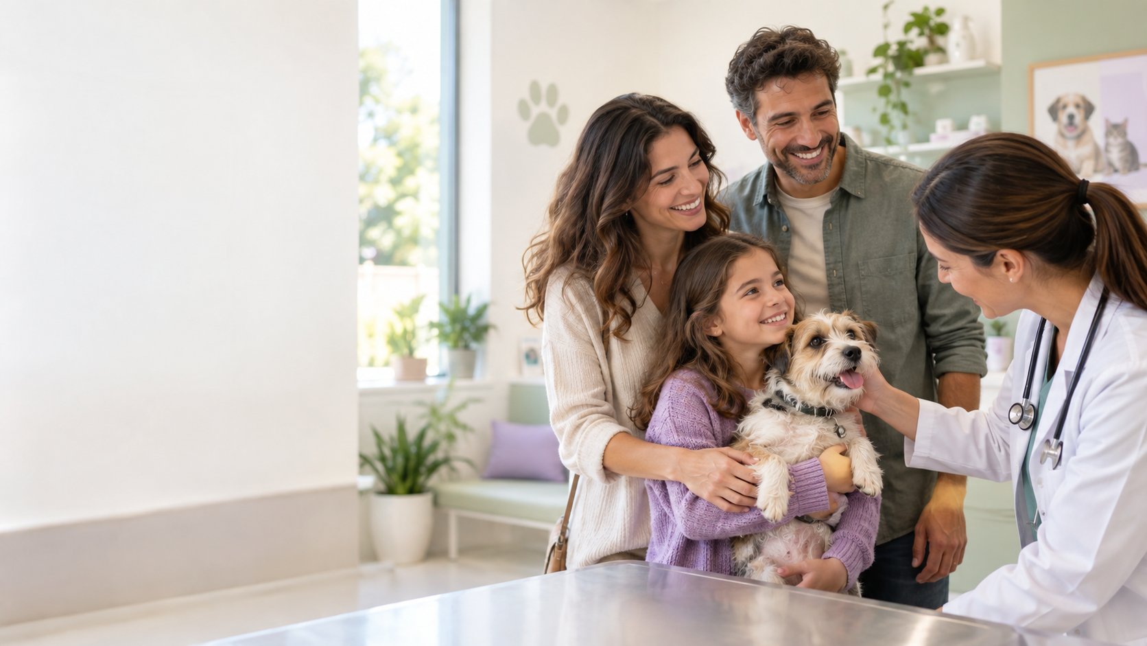 Familia con su mascota en la clínica veterinaria