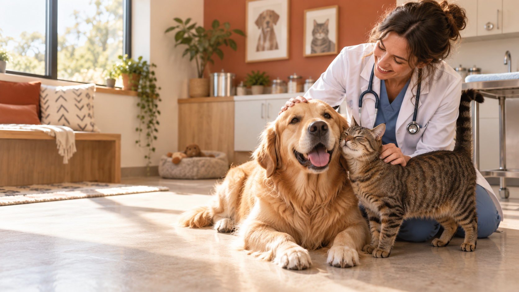 Veterinaria cuidando de un perro y un gato